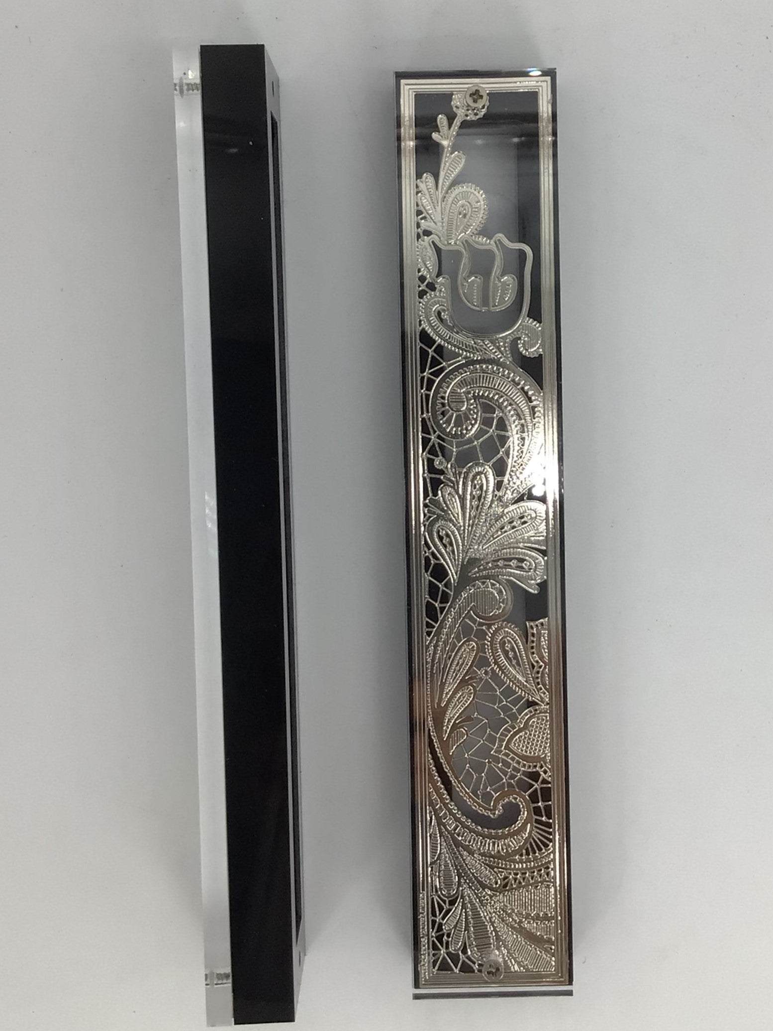 Silver Plated Mezuzah Case, Black Border (15 cm scroll)